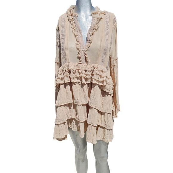 Summer of Love Beige Tiered Long Sleeve Bohemian  Neutral Mini Dress - Picture 3 of 13
